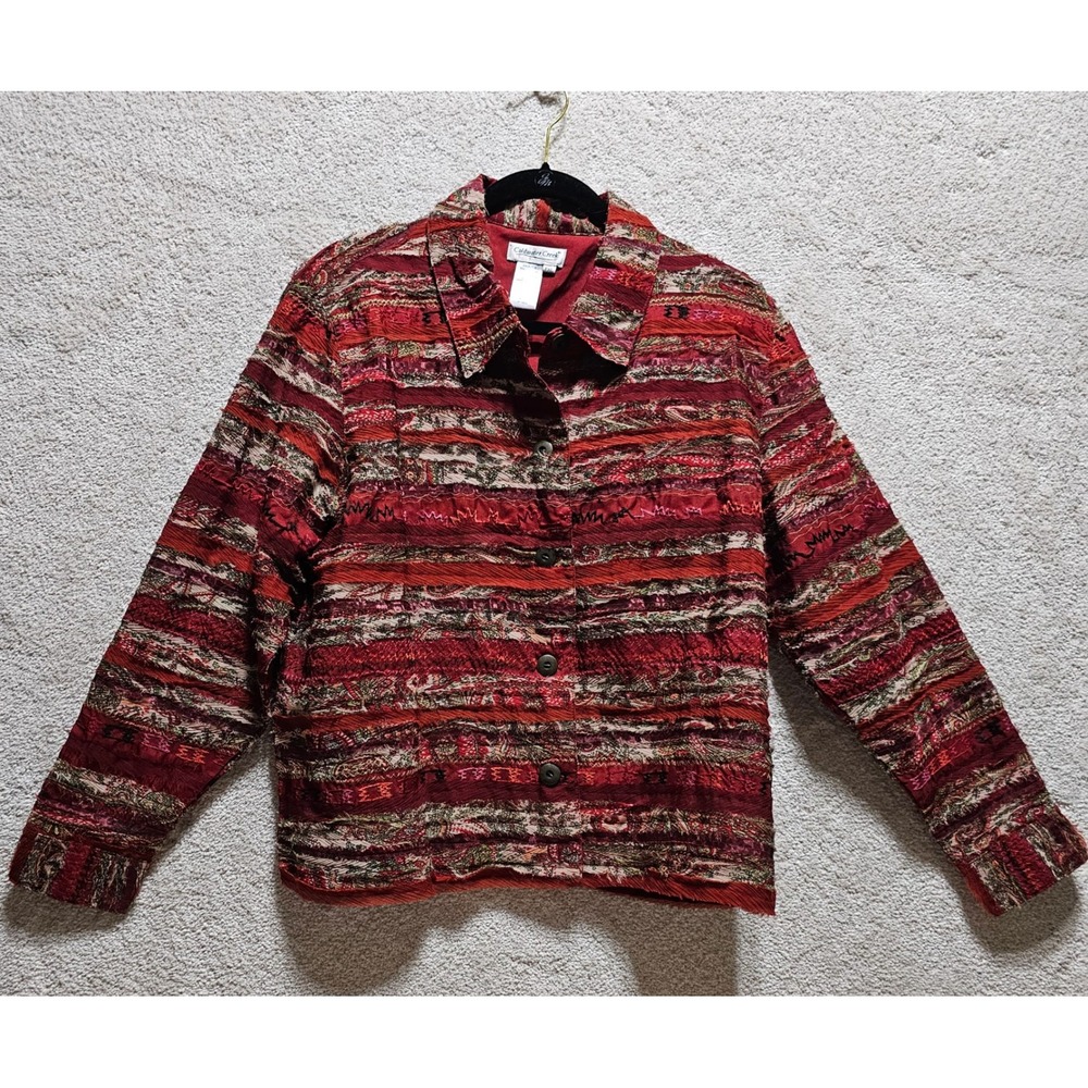Coldwater Creek PXL Burgundy Textured Embroidered Button Front Jacket‎